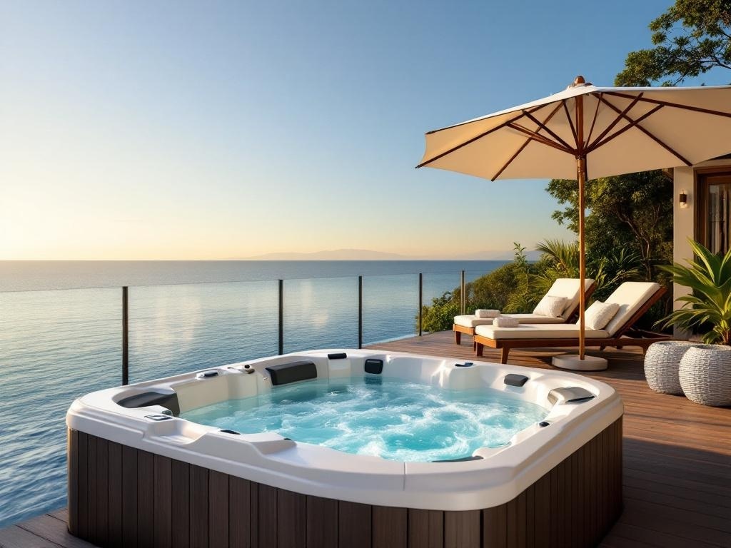 Jacuzzi spa on a deck with lounge chairs and an umbrella overlooking the water