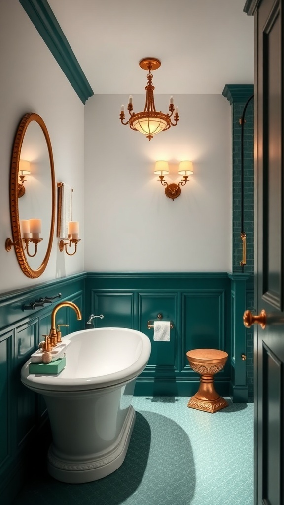 A stylish bathroom featuring an emerald green accent wall, gold fixtures, and a freestanding bathtub.