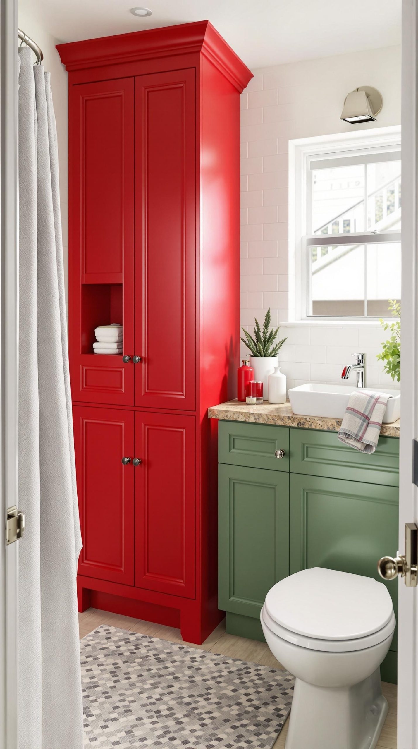 A family bathroom featuring red cabinetry, green lower cabinets, and a spacious countertop.