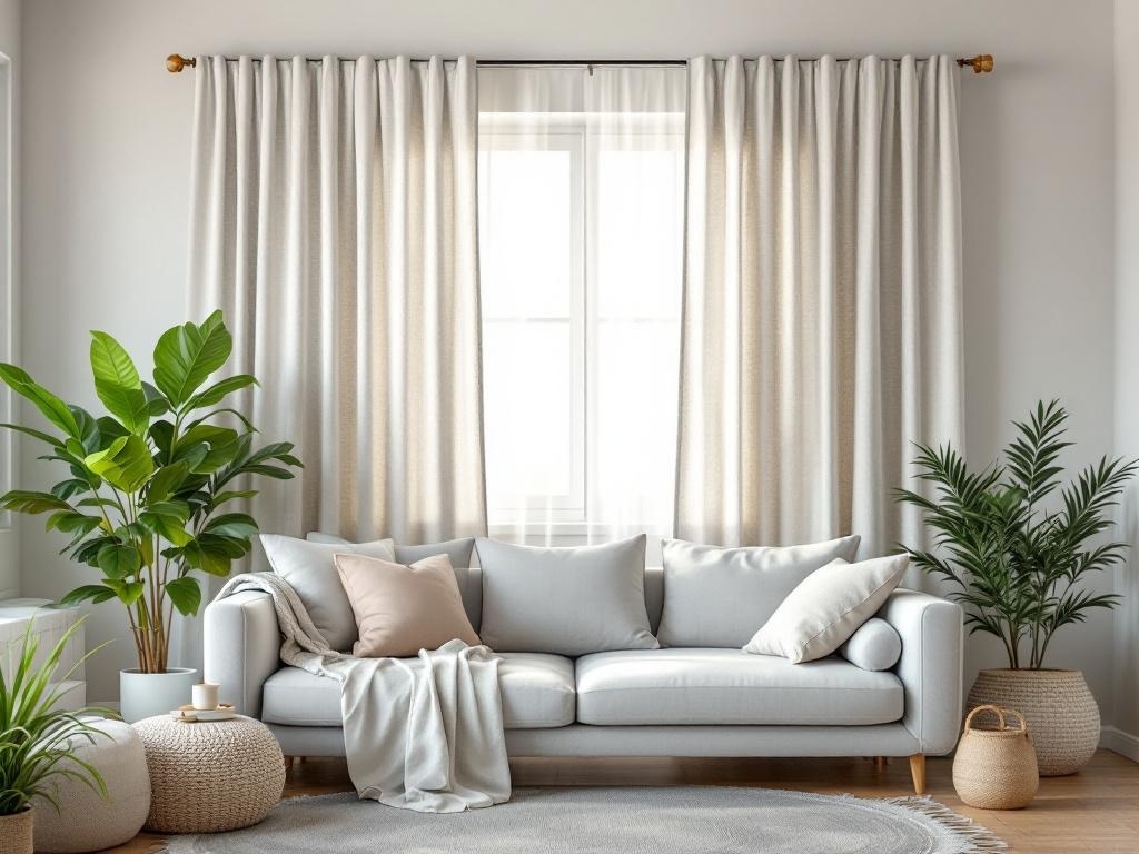 A cozy living room featuring soft, natural-toned curtains, a light sofa with cushions, and indoor plants.