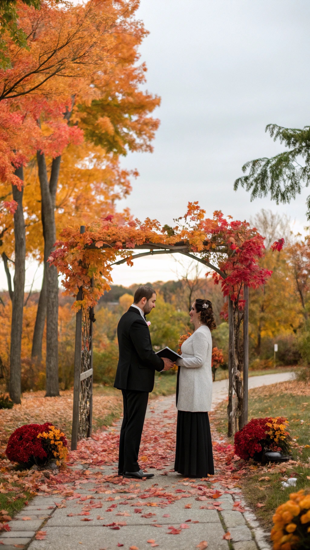 Couple exchanging wedding vows under an autumn archway with colorful leaves.