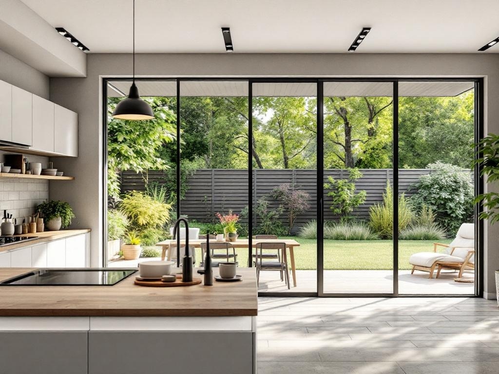 A modern kitchen with large glass doors opening to a garden, featuring a minimalist design and natural elements.