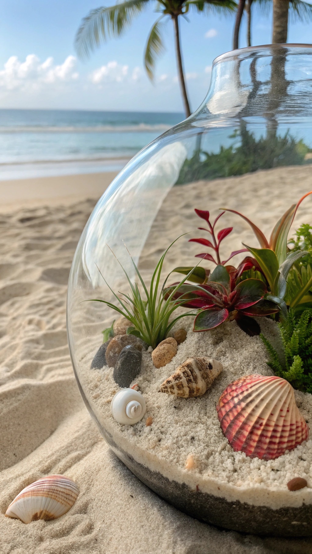 A terrarium featuring sand, shells, and tropical plants, set against a beach background.