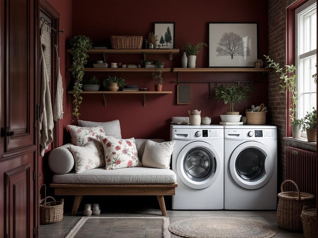 Cozy seating area in a burgundy laundry room with floral pillows and plants.