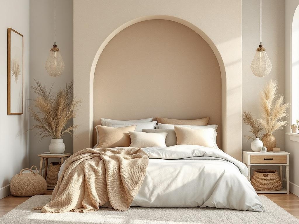 A cozy coastal bedroom with sand and sea color accents.