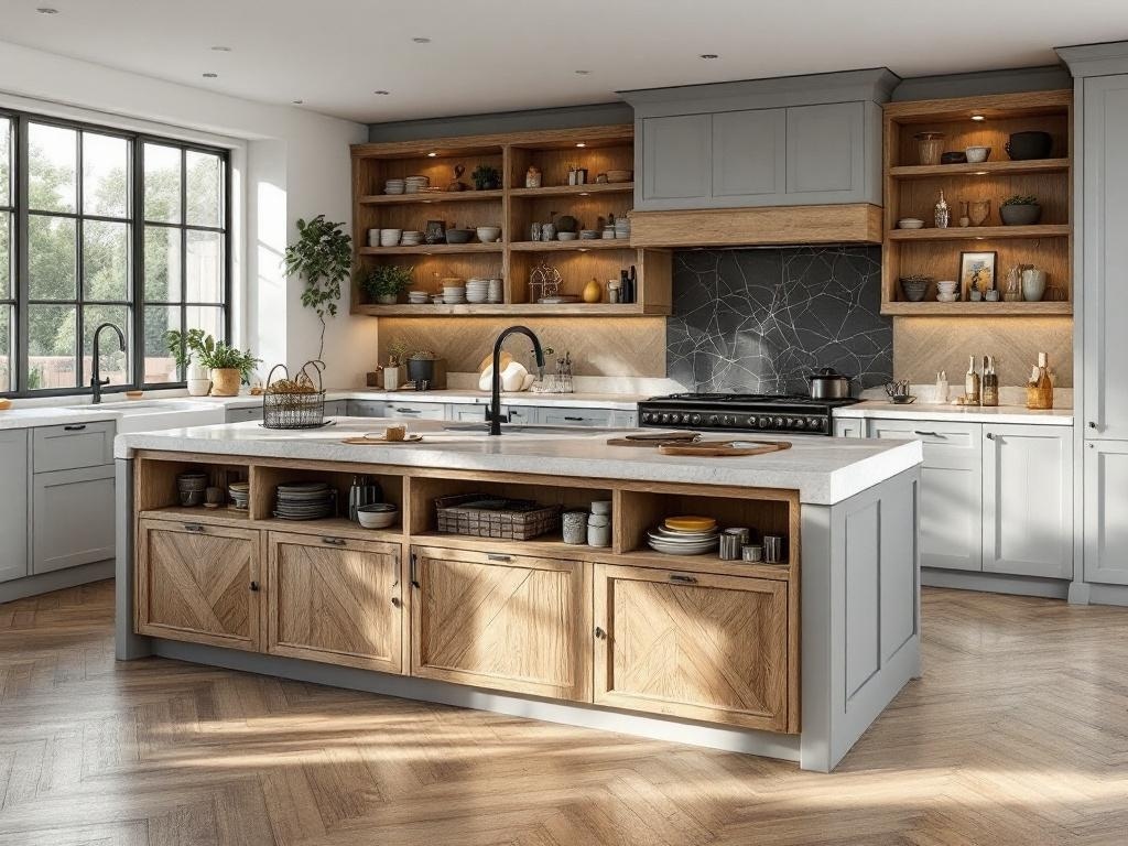 A modern kitchen featuring a customized island with light wood and dark countertops, open shelving, and a sleek design.