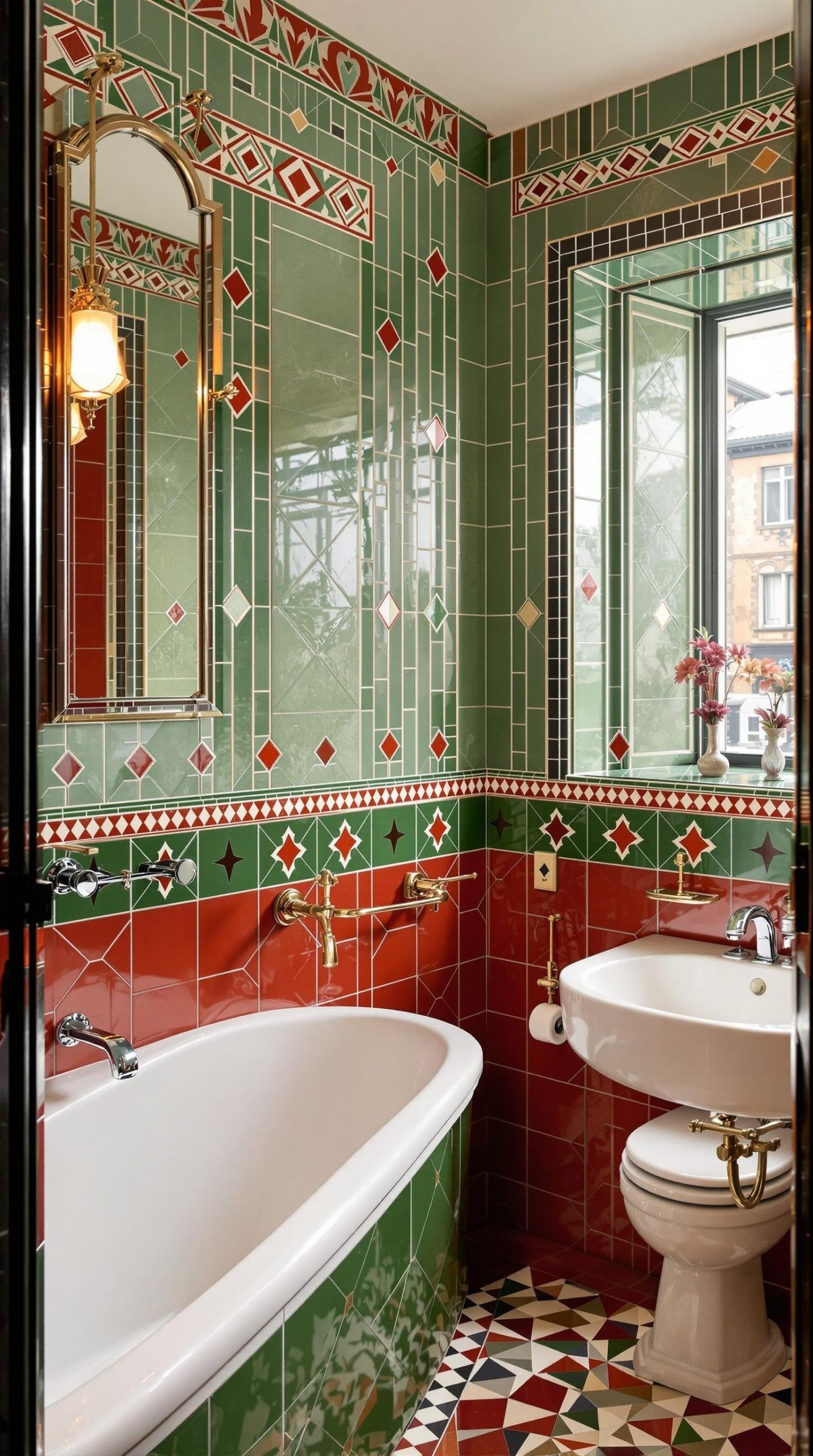 Art Deco inspired bathroom with red and green tiles, featuring geometric patterns and vintage lighting.