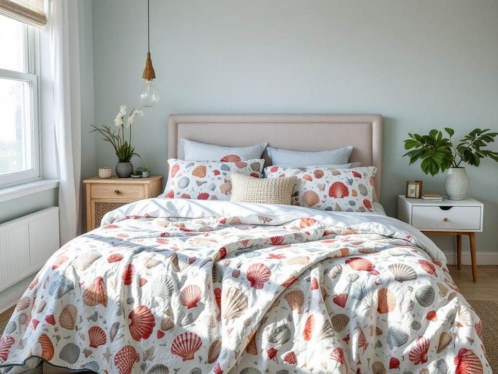 Seashell-patterned quilt on a bed with pillows and a light-colored room