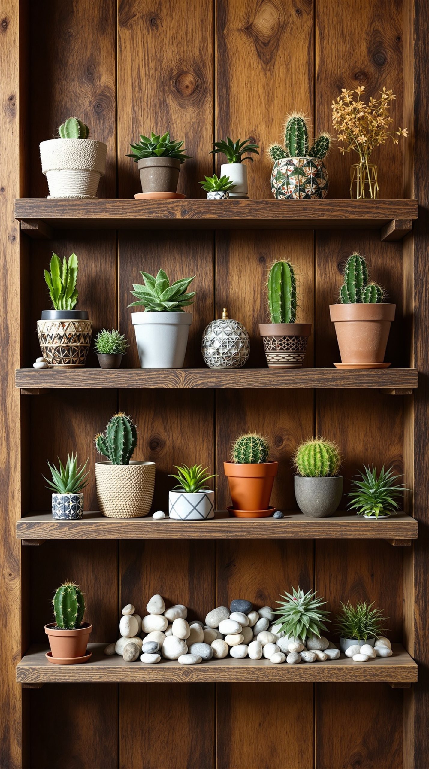 A rustic wooden shelf filled with various cacti and succulents in decorative pots, set against a wooden wall.