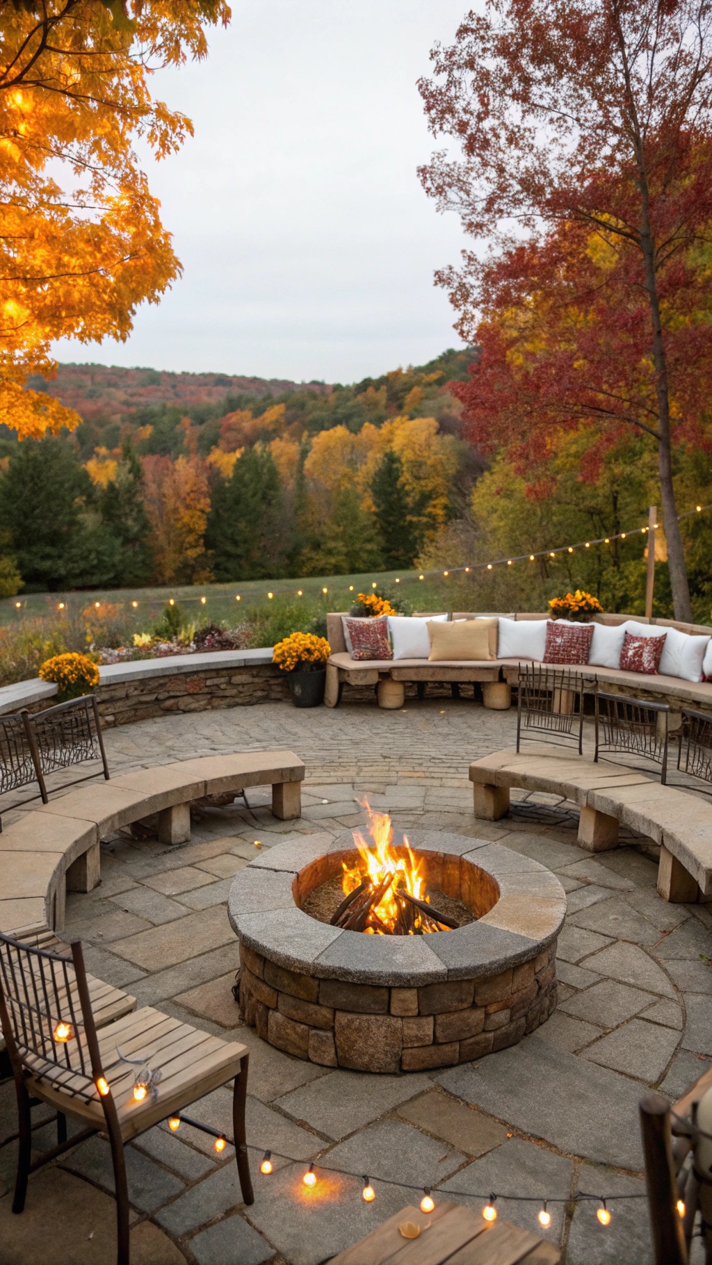 A beautiful outdoor fire pit surrounded by seating and autumn foliage.
