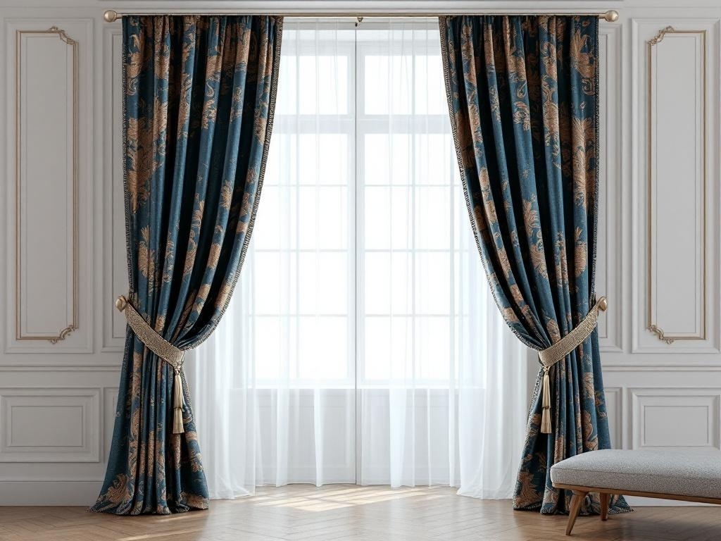 Dramatic window treatments featuring rich blue patterned curtains and sheer drapes.