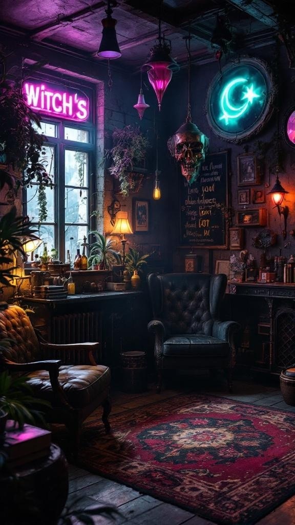A cozy witch den featuring vintage tarot card rugs and modern neon lava lamps.
