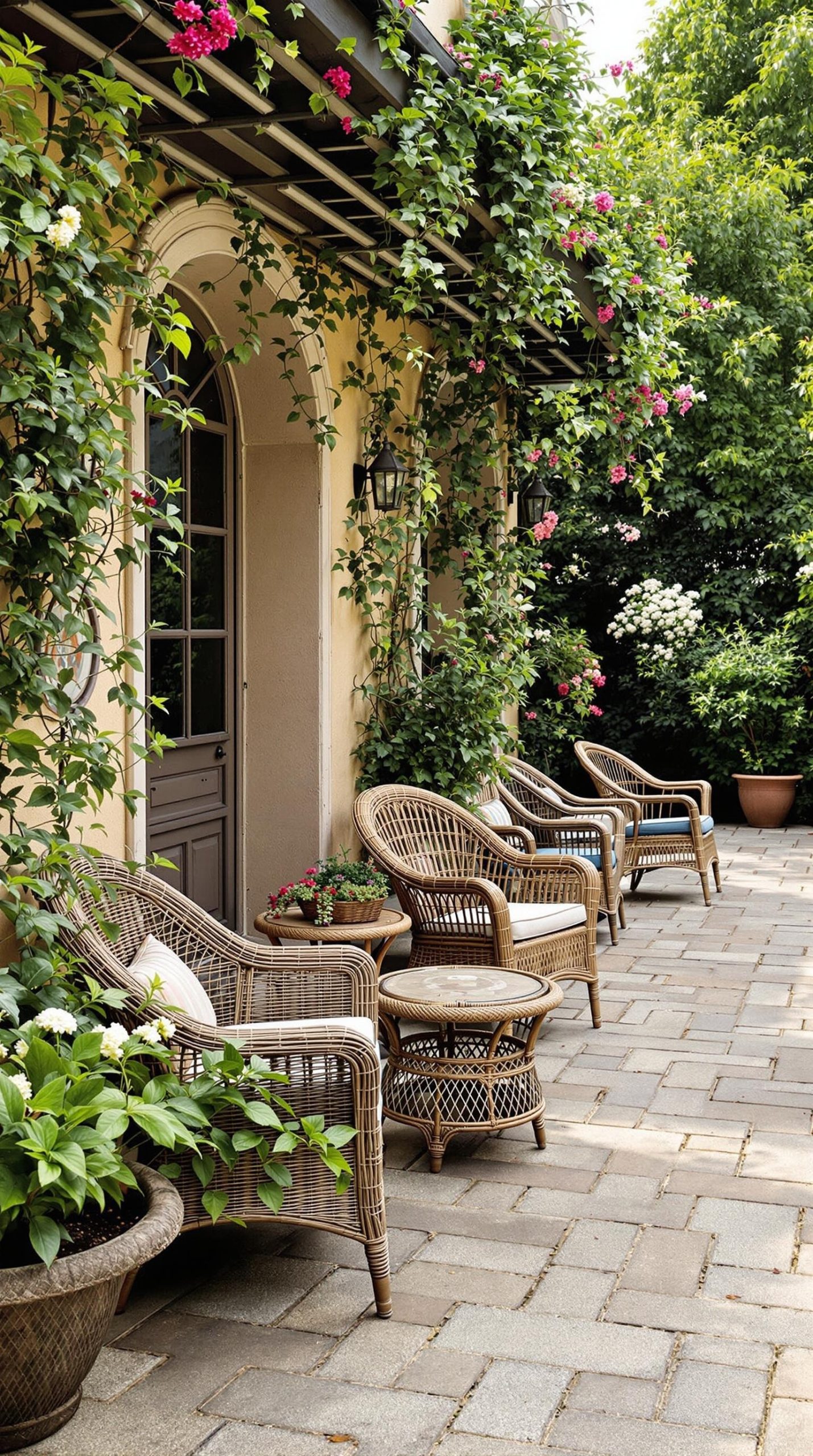 A cozy patio featuring wicker furniture surrounded by lush greenery and flowers.