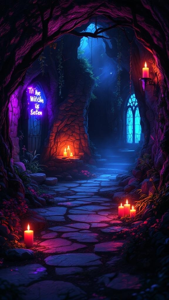 A mystical witch den with candles and neon lights.