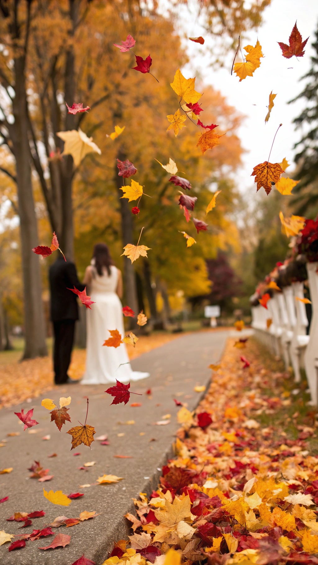 A couple standing on a path surrounded by falling autumn leaves.