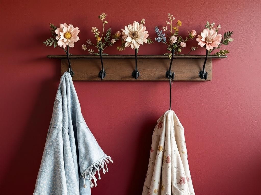 Charming wall hooks with floral designs against a burgundy wall, holding towels.