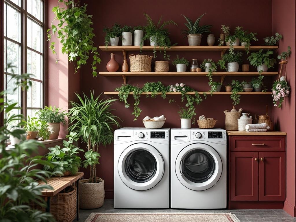 A stylish laundry room with burgundy walls, white appliances, and lush greenery accents.