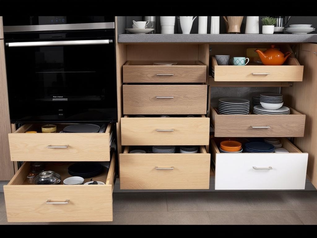 Modern kitchen with smart storage solutions featuring organized drawers and a sleek design.