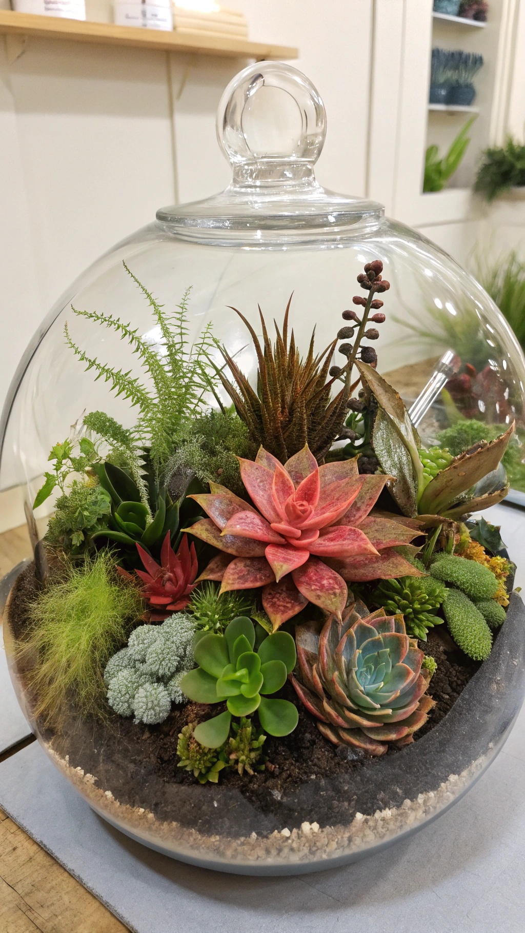 A beautifully arranged terrarium with various plants including succulents and ferns.