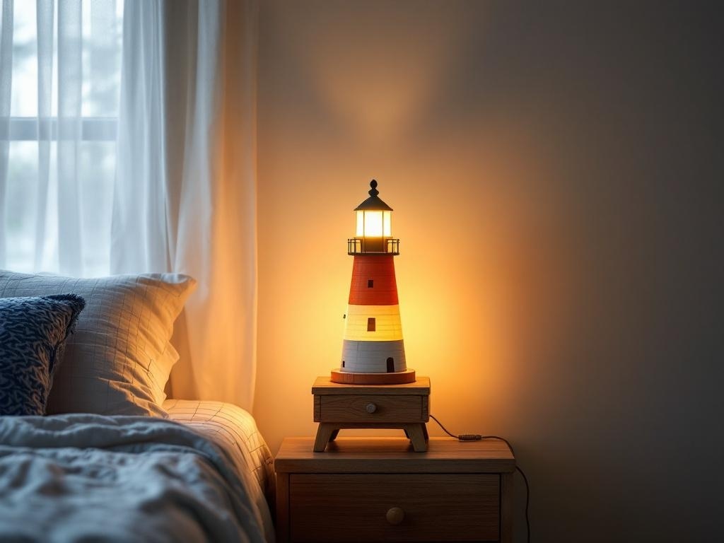 A lighthouse nightstand lamp on a wooden table beside a bed with cozy pillows.