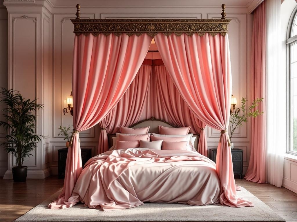 A charming light pink canopy bed with drapes, surrounded by soft lighting and plants.