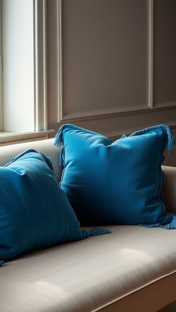 Two blue cushions with fringe details on a light-colored sofa.