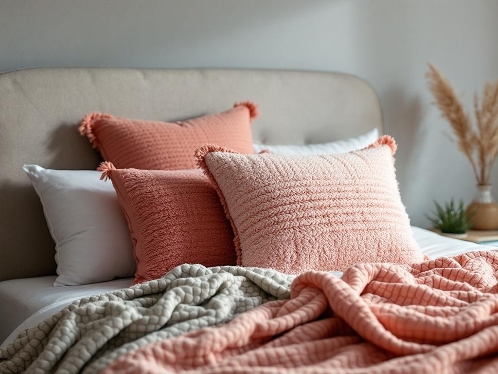 Coral-inspired throw pillows on a bed with a cozy blanket
