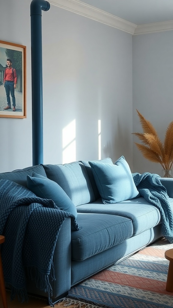 A cozy blue sofa with cushions and a throw, complemented by warm light and decor.