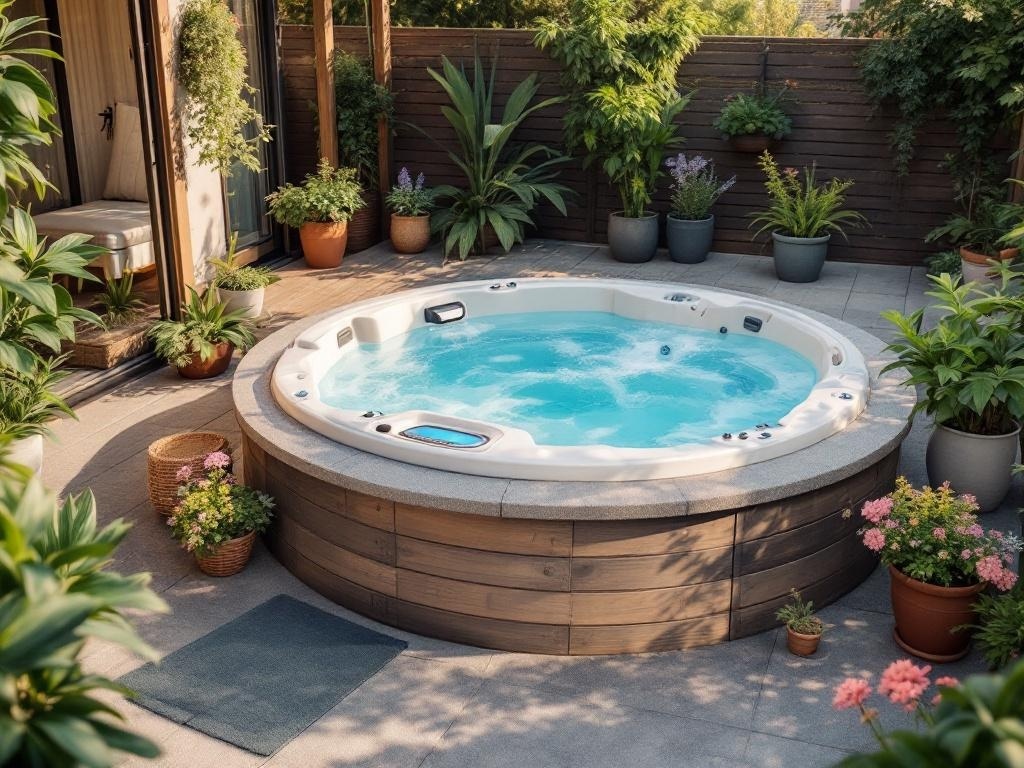 Jacuzzi spa with wooden decking and potted plants in a backyard setting.