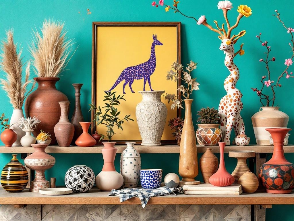 A colorful display of vases and art pieces on a shelf against a turquoise wall.