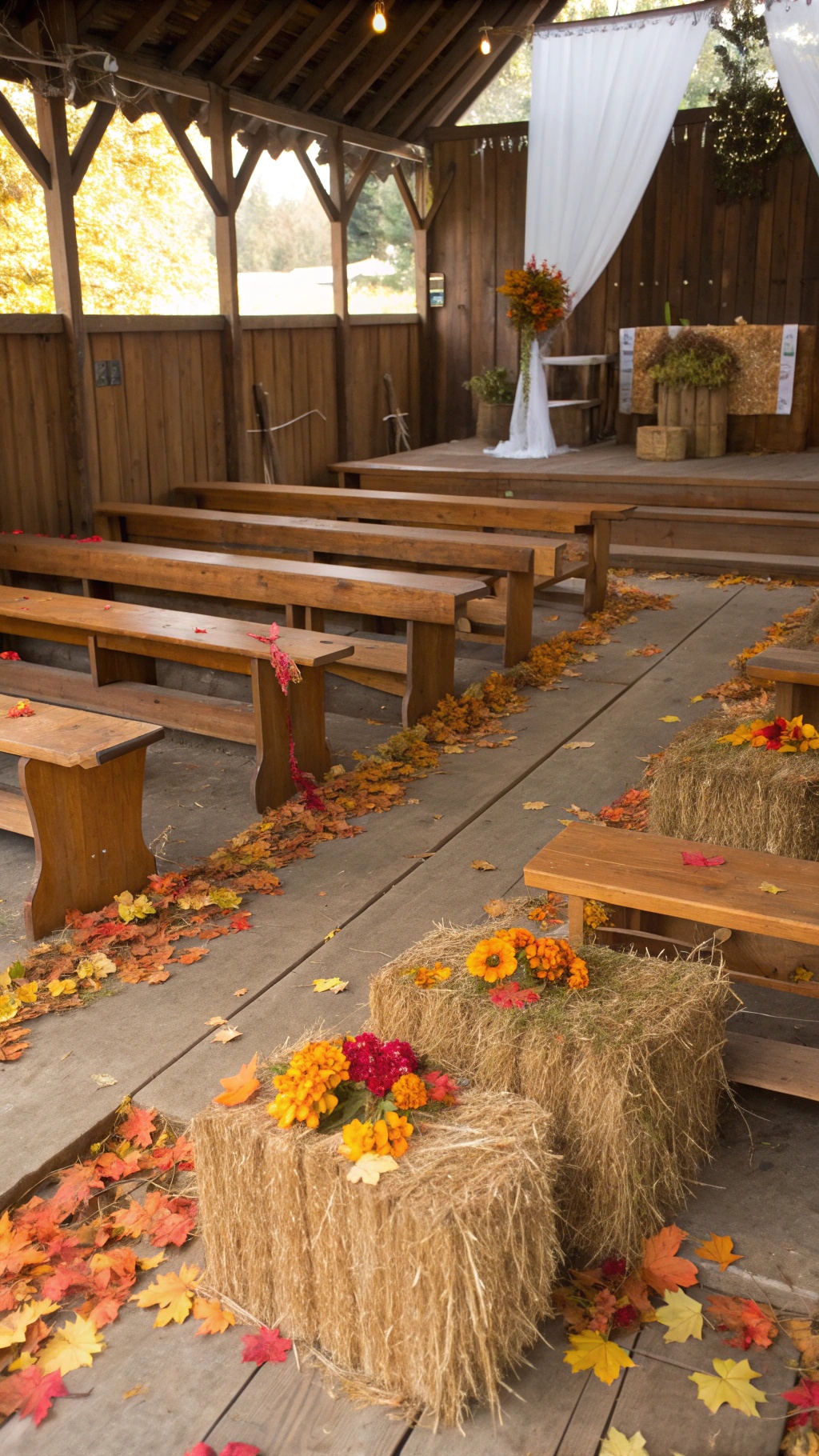 Rustic seating arrangement with wooden benches and hay bales decorated with flowers and autumn leaves.