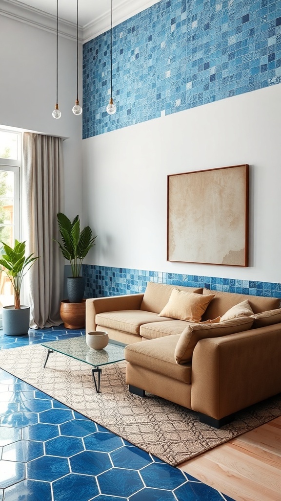 A cozy living room featuring blue mosaic tiles on the floor and walls, a beige sofa, and plants.