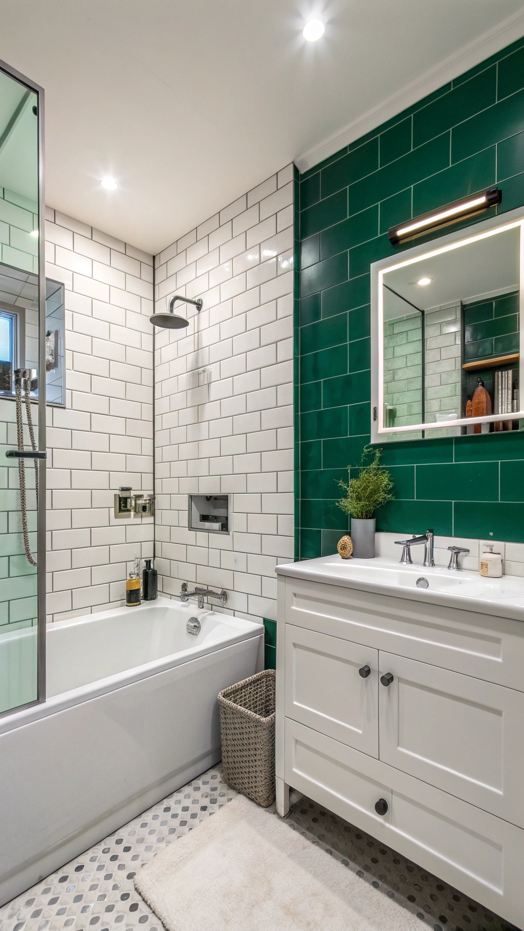 Bathroom with an emerald green accent wall, white tiles, and modern fixtures.