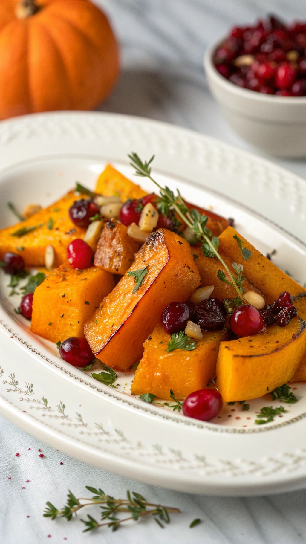 A plate of roasted butternut squash with cranberries and herbs, perfect for a fall wedding.