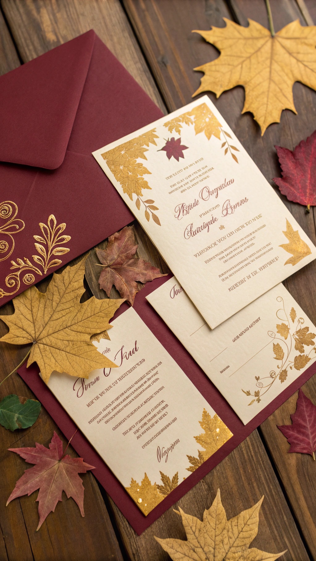 Elegant fall wedding invitations featuring leaf motifs and a burgundy envelope