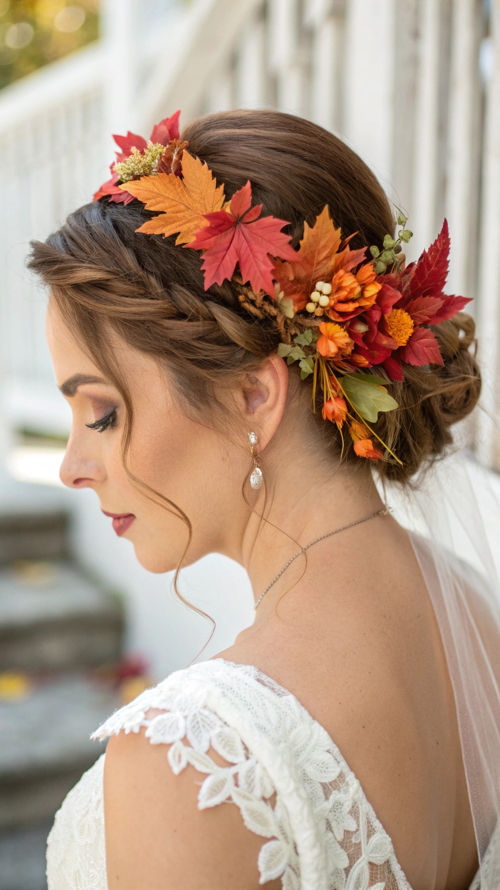 A bride with a fall-inspired hair accessory made of colorful leaves and flowers.