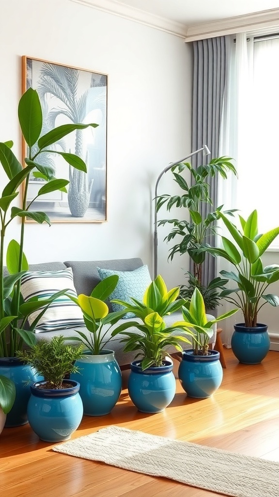 A cozy living room with indoor plants in blue pots, featuring a warm wooden floor and a comfortable sofa.
