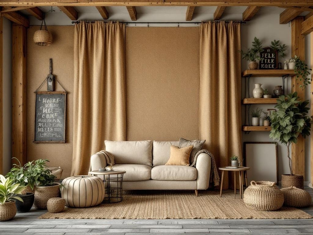 A cozy living room featuring burlap curtains, a comfortable sofa, and rustic decor.