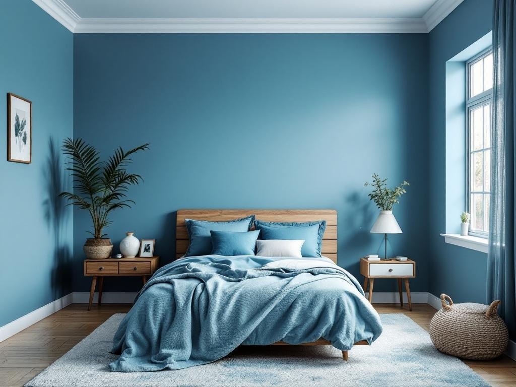 Coastal bedroom decor with ocean blue walls and bedding