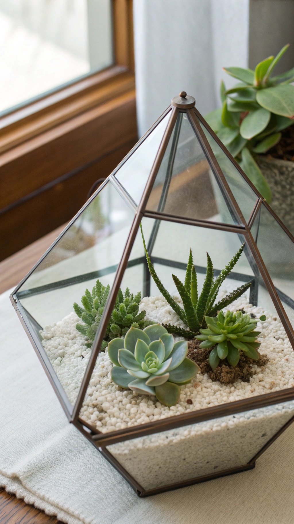 A geometric terrarium with various succulents inside, placed on a table near a window.