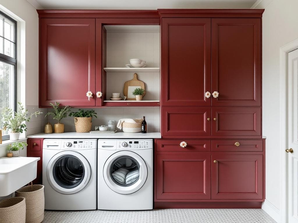 A stylish laundry room featuring burgundy cabinets with floral handles, white appliances, and plants.