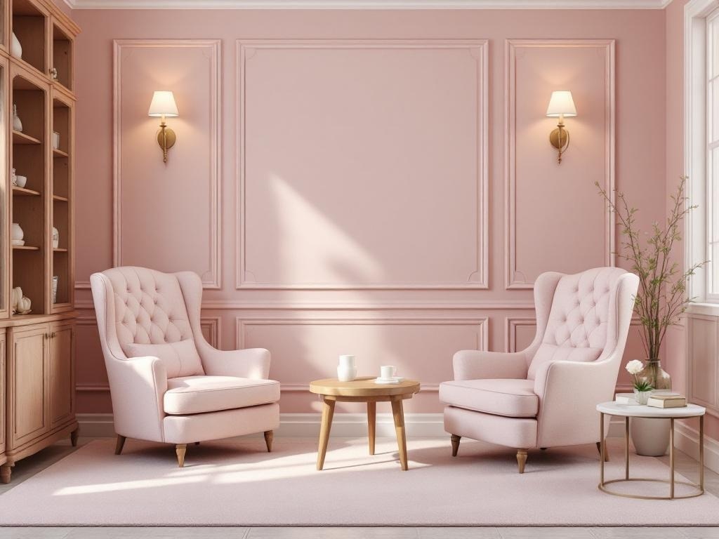 A sophisticated room with light pink walls and elegant furniture, featuring two tufted armchairs, a wooden coffee table, and a shelving unit.
