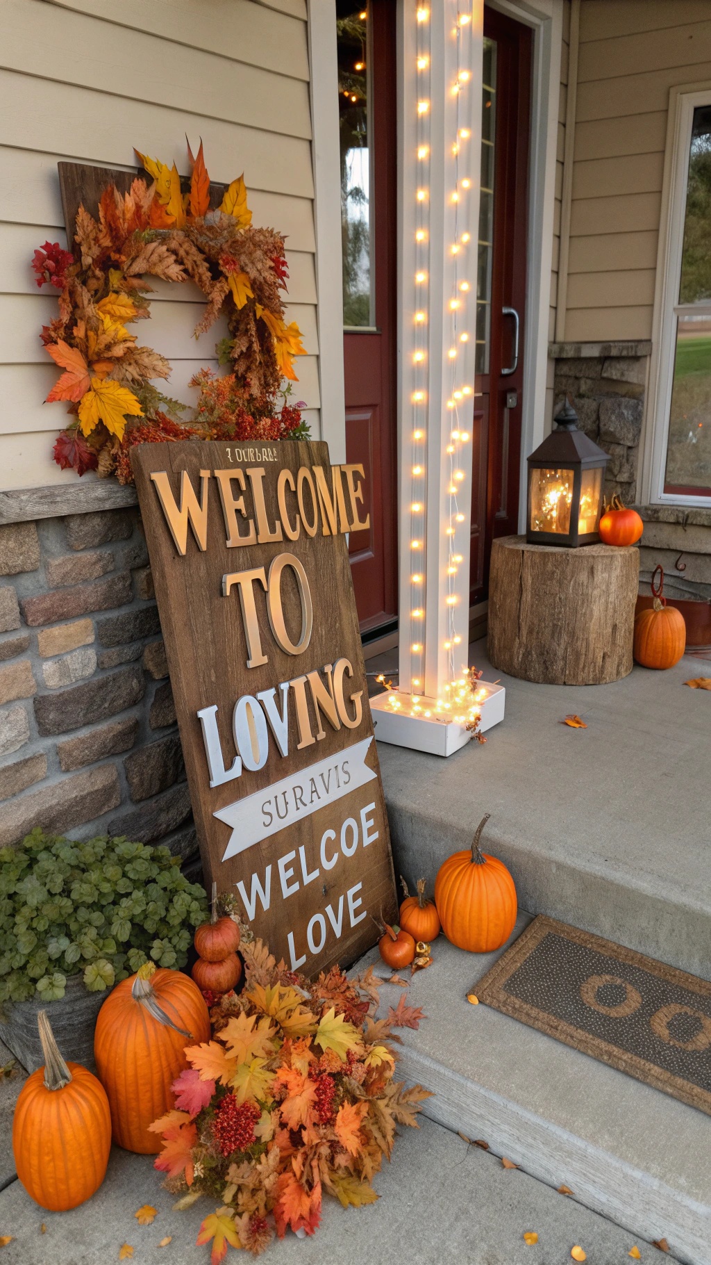 A welcoming wedding sign with warm typography surrounded by fall decorations.