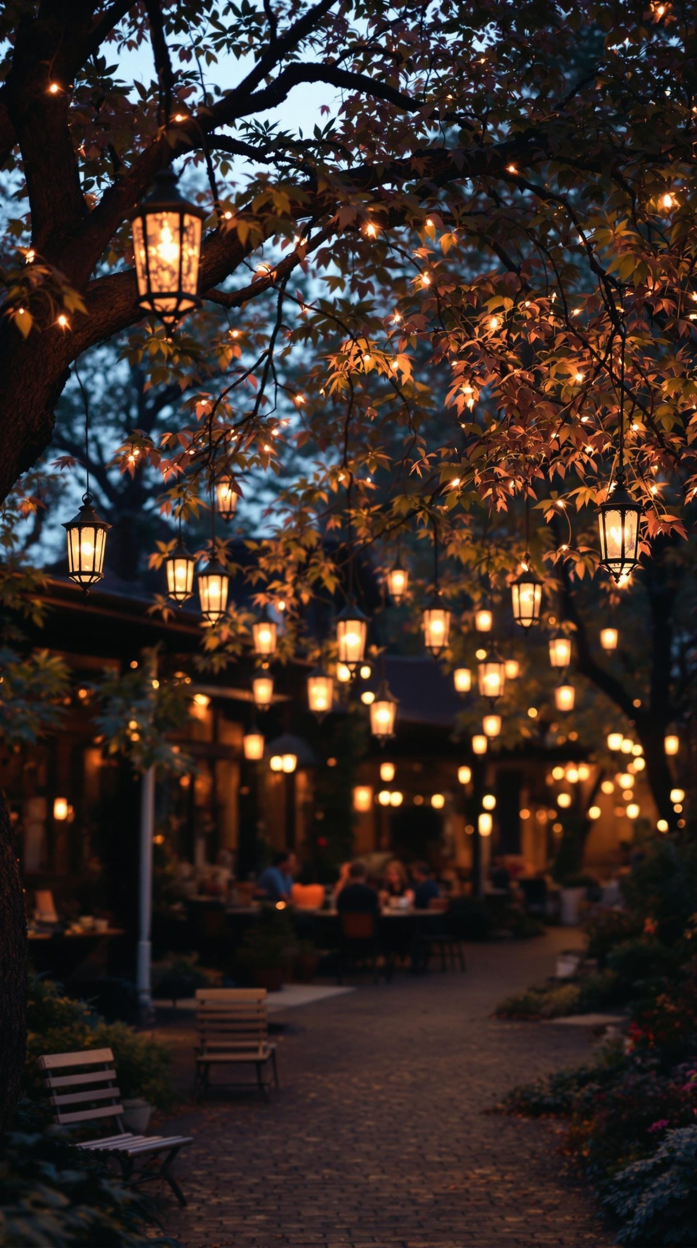 A cozy patio scene with antique lanterns hanging from trees, creating a warm and inviting atmosphere.