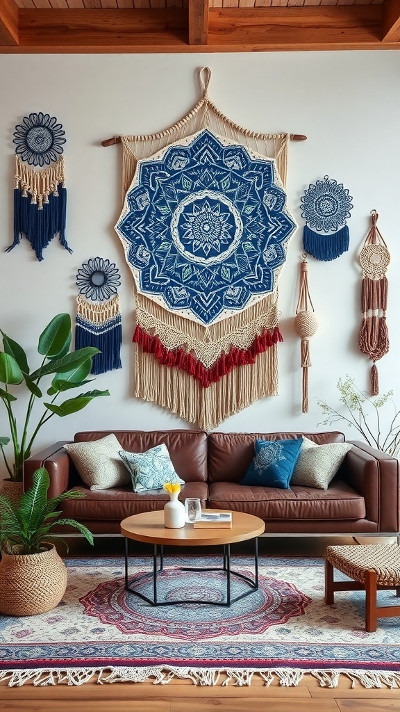Cozy bohemian living room with blue wall hangings and a brown leather sofa.
