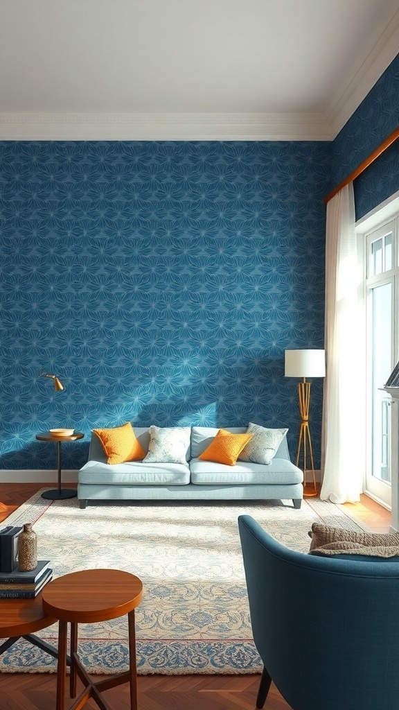 A cozy living room featuring blue patterned wallpaper, a light blue sofa with orange cushions, and a stylish rug.