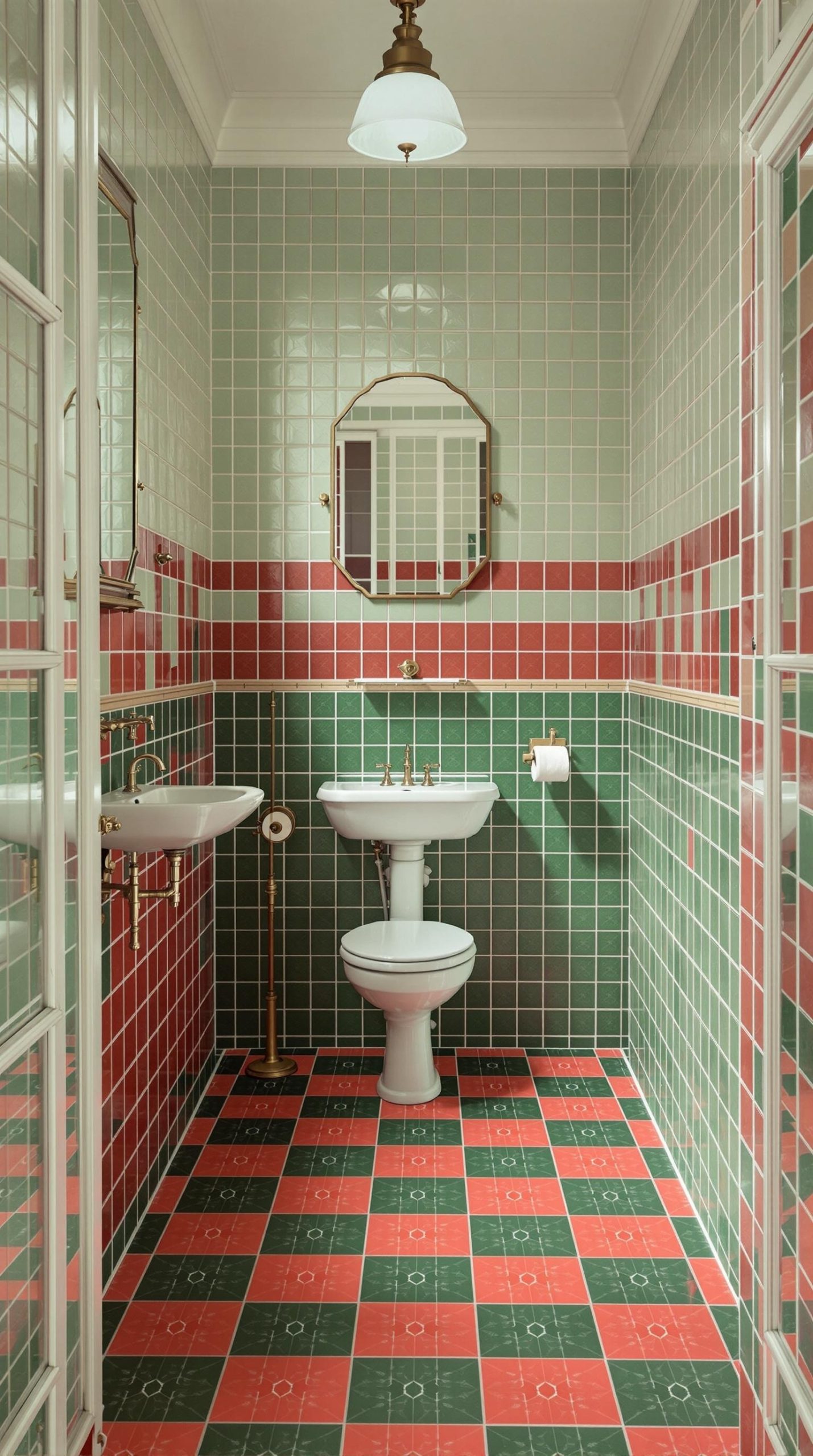 A bathroom with classic checkerboard flooring in red and green tiles, featuring gold fixtures and a vintage style.