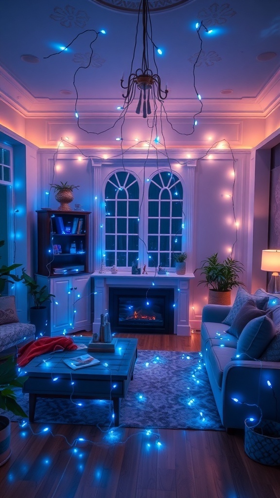 A cozy living room decorated with blue fairy lights, featuring a fireplace, plants, and a coffee table.