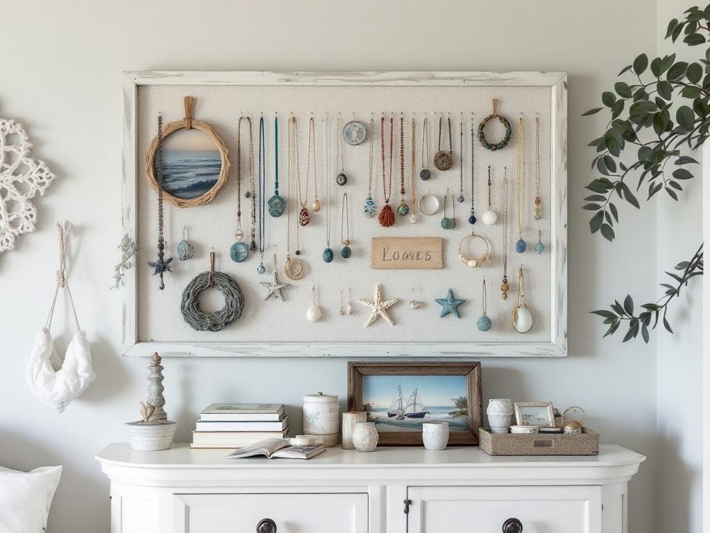 An ocean-inspired jewelry display featuring necklaces and bracelets on a textured board with beach-themed decorations.