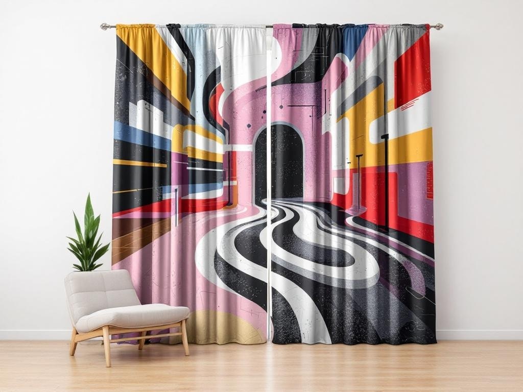 Colorful and artistic curtains in a modern living room setting